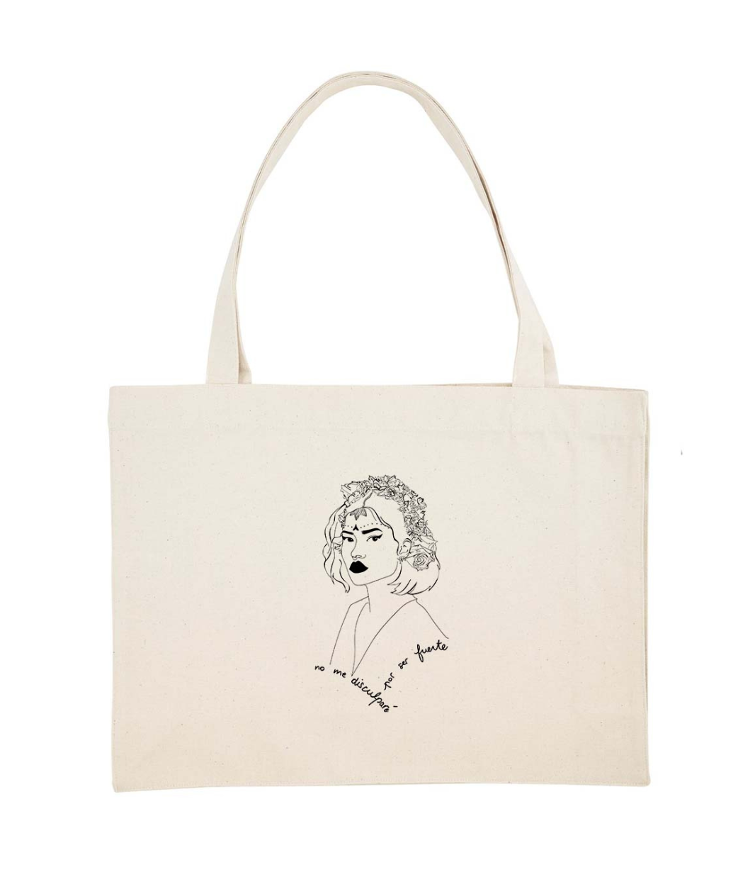 Cabas femme en coton bio écru avec un imprimé noir représentant une femme forte inspirée d’une reine d’Amérique latine, accompagné de l’inscription “No me disculparé por ser fuerte”. Modèle Lupita, imprimé à Lyon par la marque éthique Leonor Roversi.