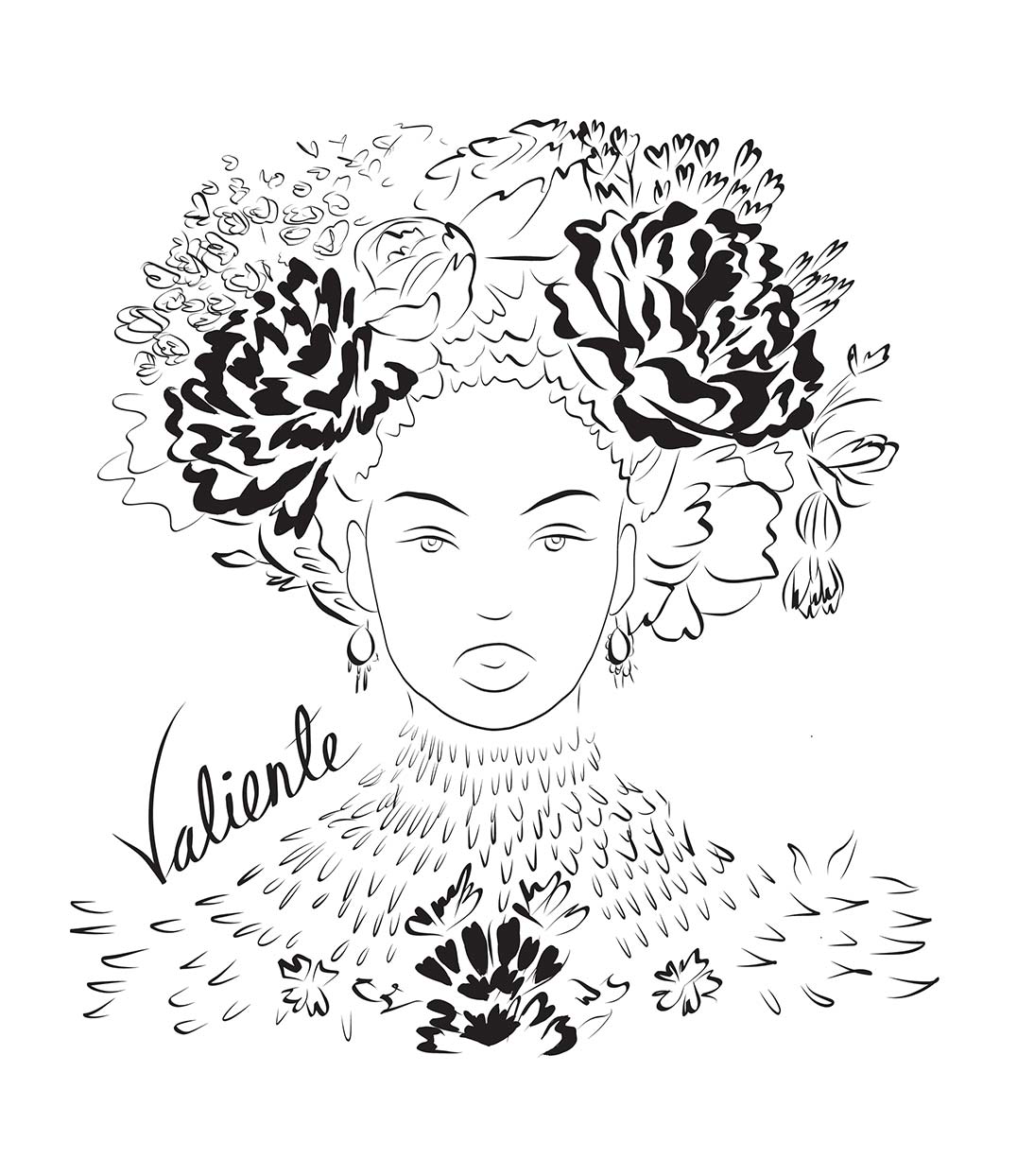 Dessin d'une femme forte avec des fleurs dans les cheveux représentant la première reine nigériane accompagnée de l'inscription  "Valiente" sur le côté. Modèle Valiente conçu à Lyon par la marque éthique Leonor Roversi.