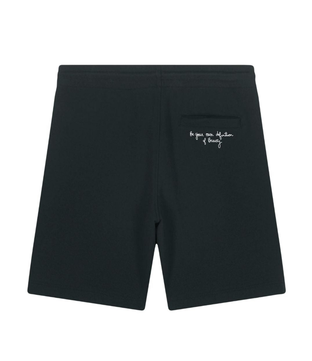 Mock-up d'un short pour femme noir en coton biologique, imprimé blanc de l'inscription "be your own definition of beauty" à l'arrière. Modèle Sekhmet, conçu et imprimé à Lyon par la marque éthique Leonor Roversi