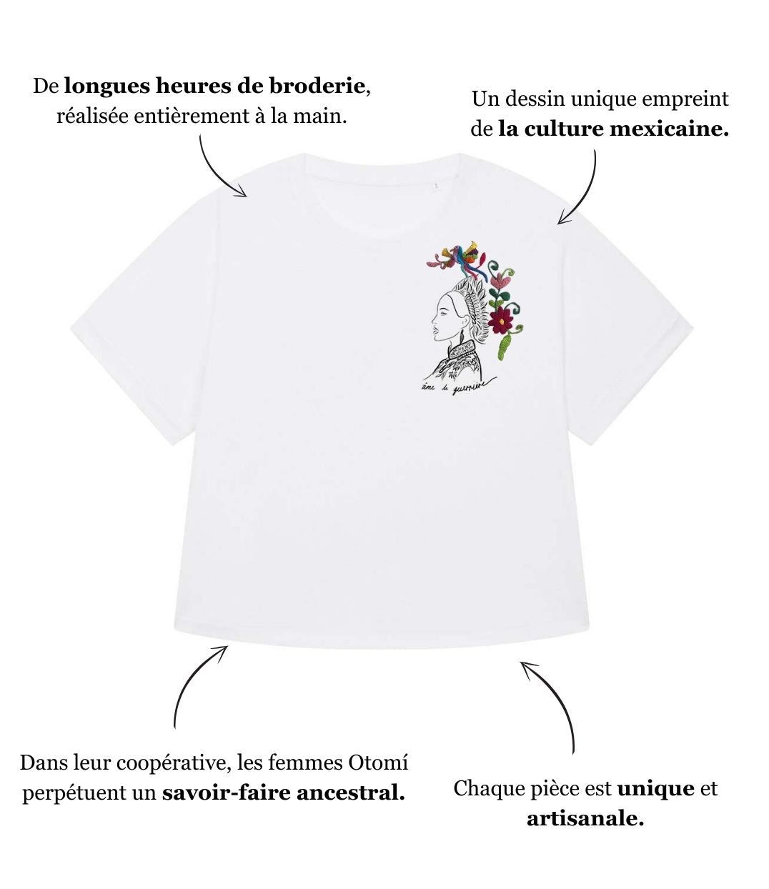 Mock-up d'un t-shirt ample en coton bio blanc. Le vêtement présente un imprimé noir représentant une guerrière et une divinité japonaise, accompagnée de l’inscription « âme d'une guerrière »; ainsi qu'une broderie de fleurs. Modèle Benten, conçu et imprimé à Lyon par la marque éthique Leonor Roversi.