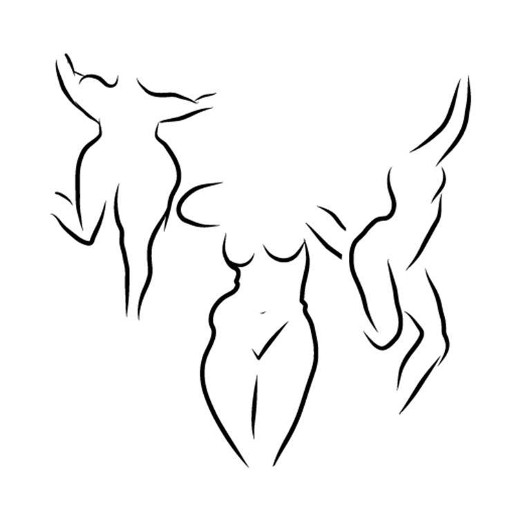 Illustration stylisée de formes humaines représentant la morphologie, ligne minimaliste, création de Leonor Roversi.