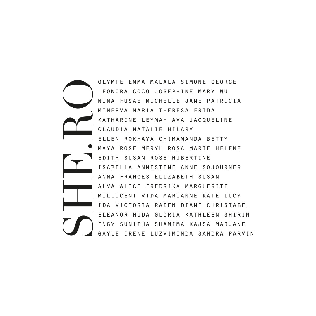 Motif typographique "SHE.RO" de Leonor Roversi, entouré d’une multitude de prénoms de femmes emblématiques du monde entier. Une création engagée rendant hommage à des figures féminines inspirantes à travers l’histoire, symbole de sororité, d’empowerment et de diversité. Conçu à Lyon