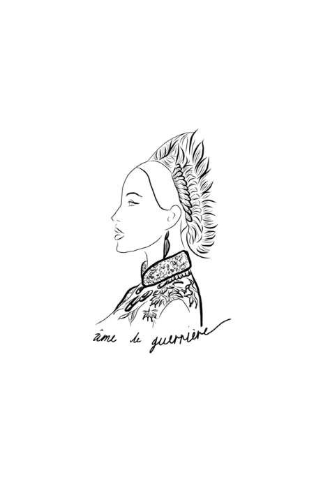 Illustration représentant une guerrière et une divinité japonaise, accompagnée de l’inscription « âme d'une guerrière ». Modèle Benten, conçu à Lyon par la marque éthique Leonor Roversi.