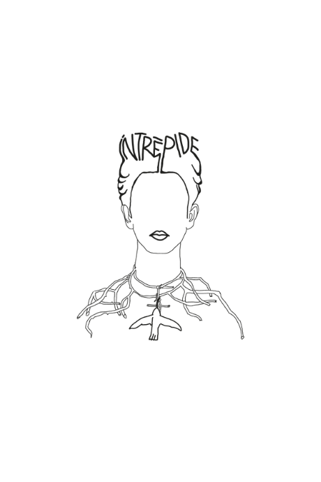 Illustration représentant Frida Kahlo accompagnée de l'inscription "Intrépide". Modèle Intrépide, conçu à Lyon par la marque éthique Leonor Roversi.