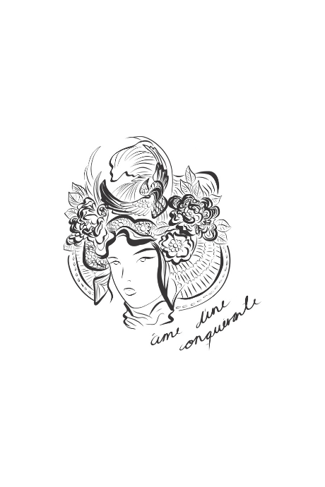 Illustration représentant une figure de samouraï couronnée de fleurs, accompagné de l’inscription « âme d’une conquérante ». Modèle Gozen, conçu à Lyon par la marque éthique Leonor Roversi.