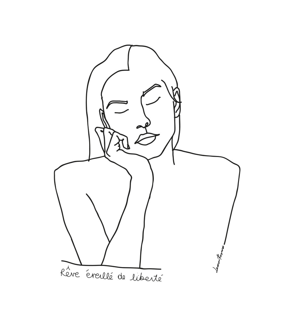 Illustration de Thémis par Leonor Roversi, dessin linéaire représentant une figure féminine aux yeux clos, symbole de justice, d’impartialité et de bienveillance, accompagné de la phrase « Rêve éveillé de liberté ».