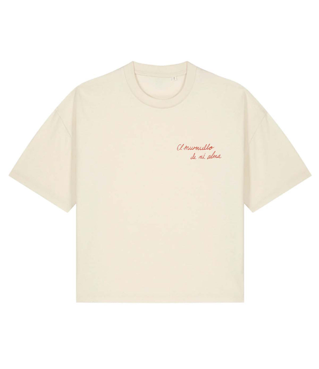 T-shirt femme en coton bio écru, imprimé rouge "El murmullo de mi alma" sur le devant. Imprimé à Lyon