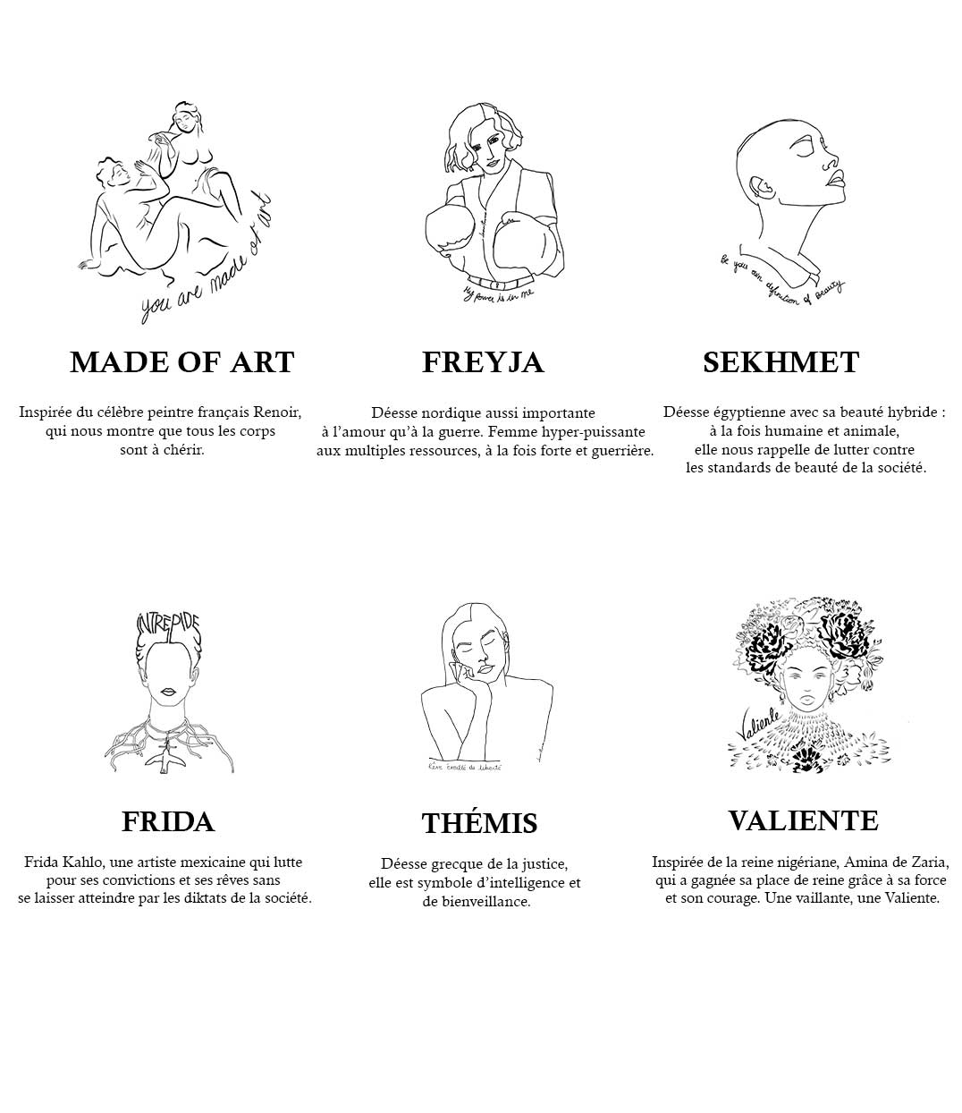 Illustrations de six figures féminines inspirantes – Made of Art, Freyja, Sekhmet, Frida, Thémis et Valiente – incarnant la force, la justice, la liberté et l’acceptation de soi. Collection Choose, conçu à Lyon par la marque éthique Leonor Roversi.