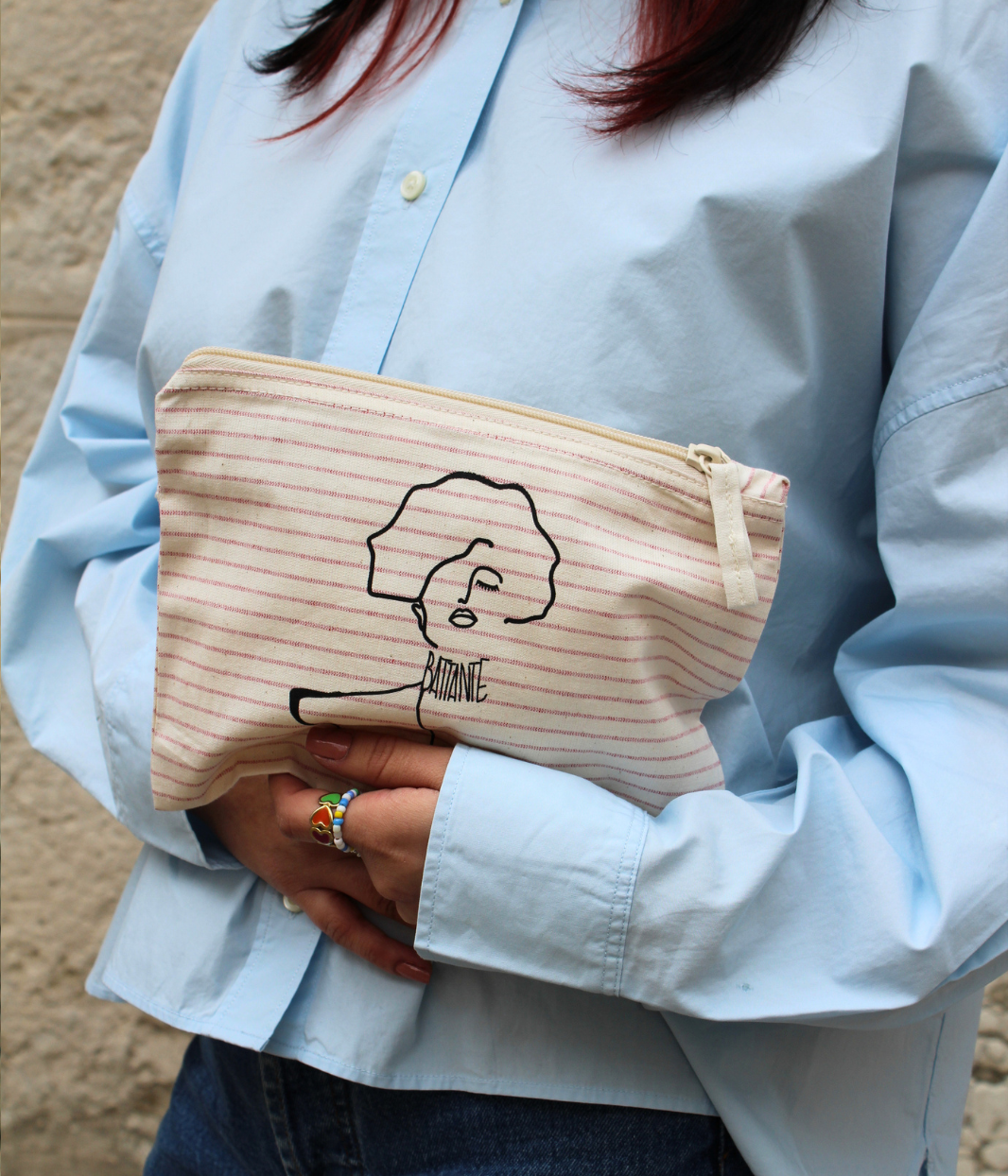 Petite Pochette Klimt écru à rayures roses, coton bio - Leonor Roversi