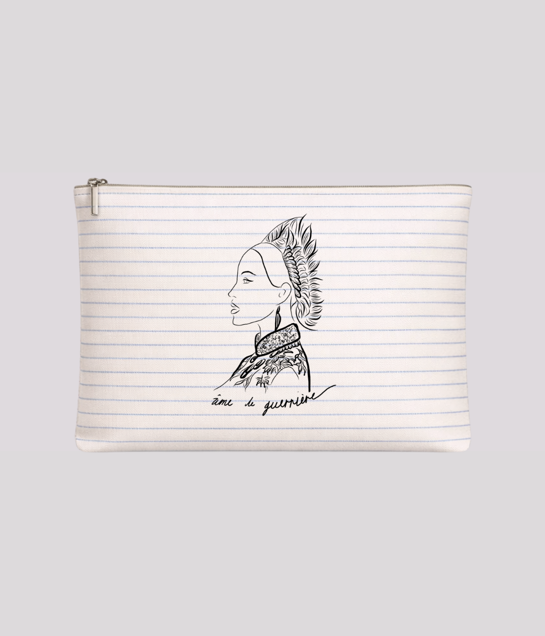 Moyenne Pochette Benten écru à rayures grises, coton bio - Leonor Roversi