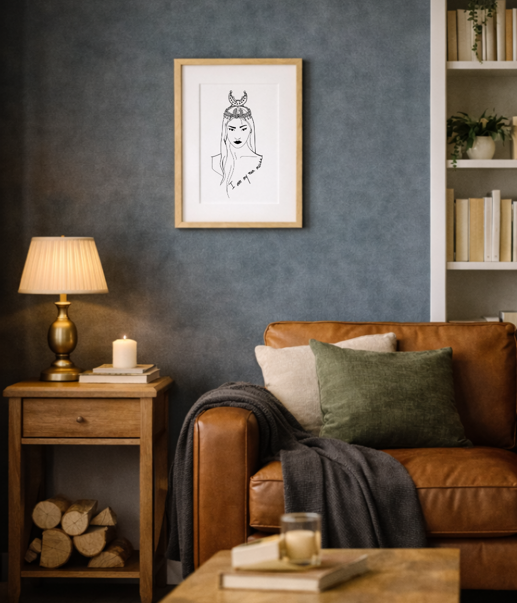 On voit ici une affiche de la marque Leonor Roversi, mise en situation dans un intérieur chaleureux. Cette scène illustre l’univers de la marque, engagée et éco-responsable, et montre comment ses créations s’intègrent naturellement dans un décor du quotidien.