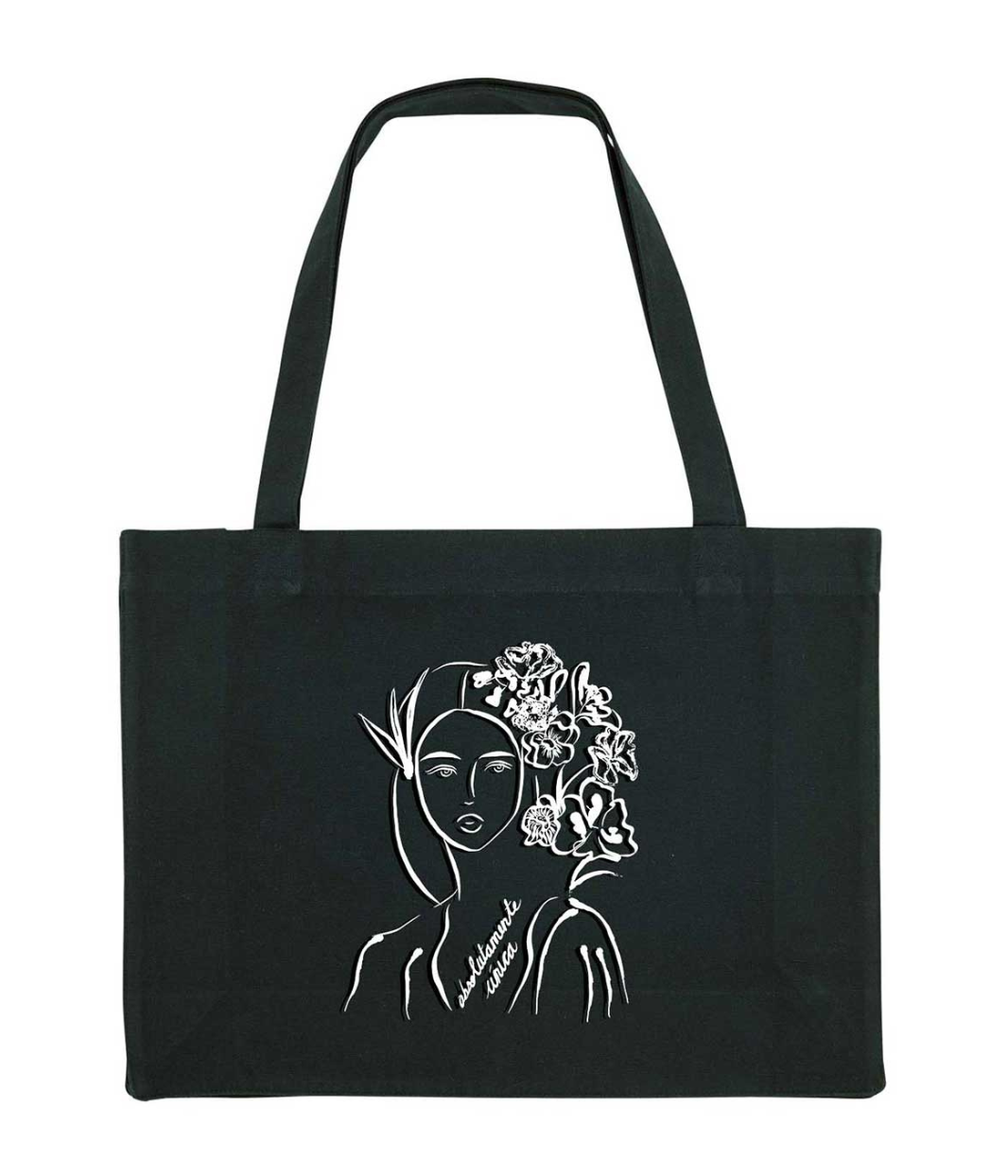 Cabas noir en coton bio avec imprimé rose illustrant une silhouette féminine avec des fleurs suivi de l'inscription "absolumente única". Modèle Unica, conçu et imprimé à Lyon par la marque éthique Leonor Roversi.