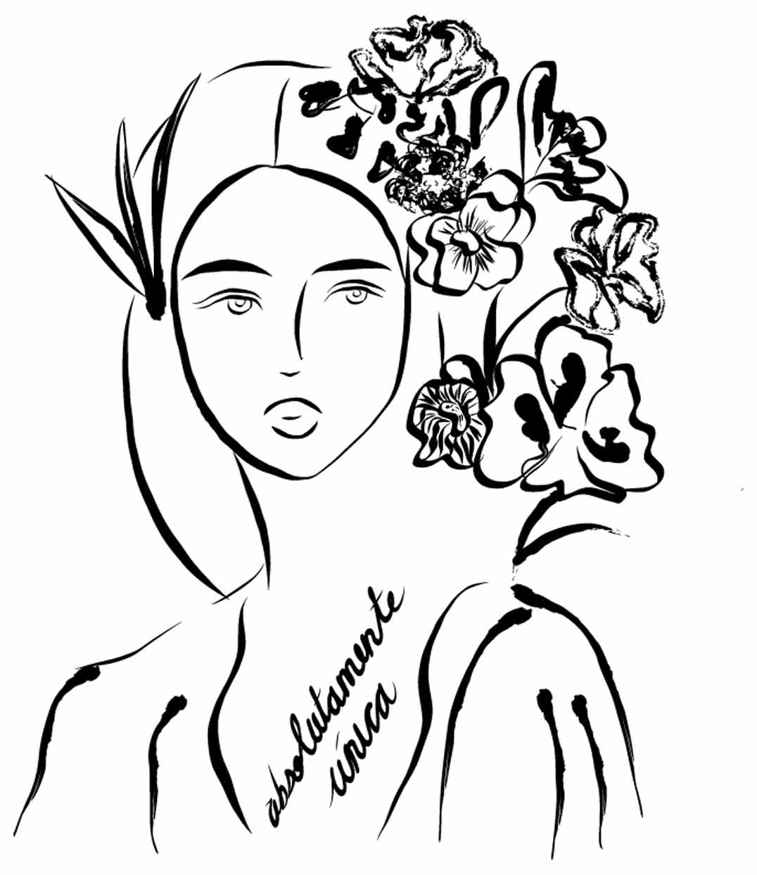 Illustration originale UNICA par Leonor Roversi, dessin linéaire noir représentant une femme au regard apaisé, inspirée de l’univers impressionniste de Mary Cassatt, entourée de fleurs dans les cheveux, accompagnée de la phrase « Absolumente única », symbole de singularité et de rêverie.