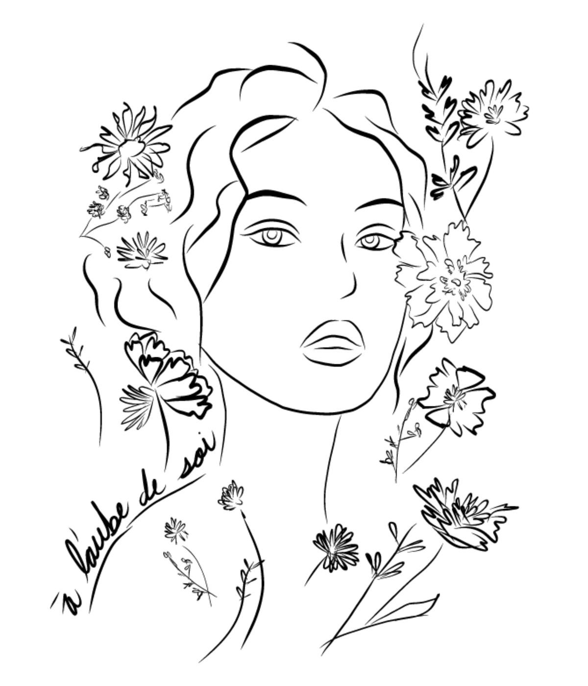 Illustration en ligne continue représentant le visage d’une femme entourée de fleurs, dessinées de manière délicate et stylisée. Les traits sont fins et épurés, avec une expression calme et poétique. En bas à gauche, l’inscription manuscrite « à l’aube de soi » accompagne la composition.

