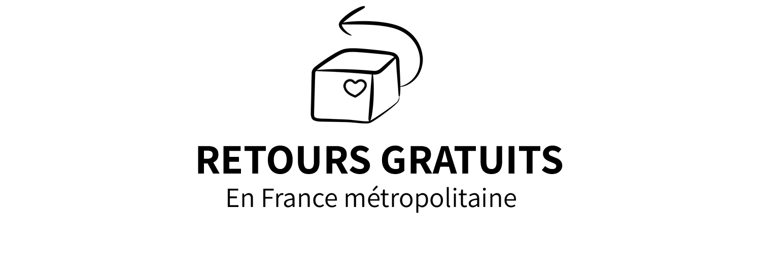 Logo d'un colis avec une flèche orientée vers la gauche avec l'inscription "Retours gratuits" pour la marque lyonnaise et éthique Leonor Roversi.
