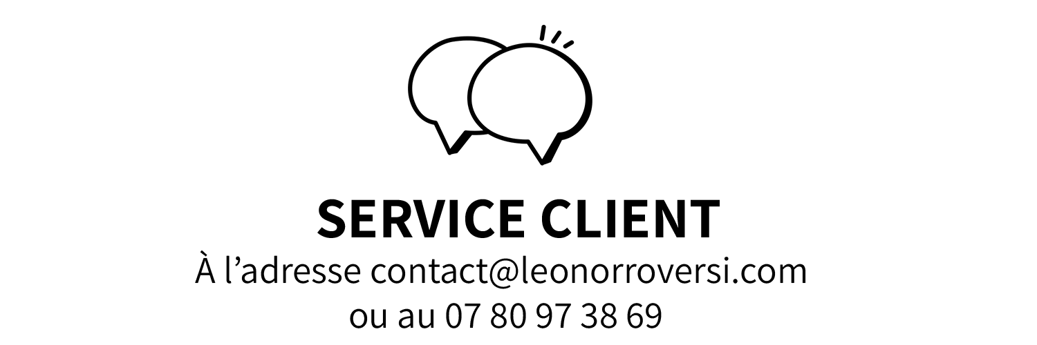 Logo de deux bulles de discussion accompagnée de l'intitulé "Service client" pour la marque lyonnaise et éthique Leonor Roversi.