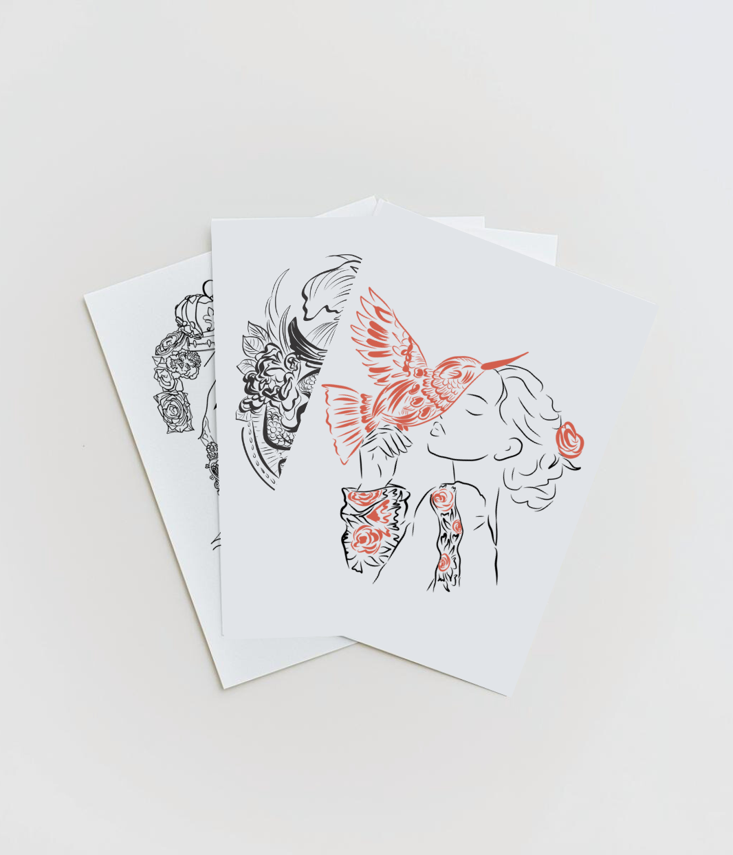 Pack de 3 cartes postales illustrées représentant des femmes puissantes et engagées avec les visuels “Battante”, “Âme de guerrière”, “Frida” et “Alma de una invensible”, sur un fond naturel en fibres tressées accompagnées d'une enveloppe kraft. Modèles Esperanza, Klimt, Benten, Invincible, conçu et imprimé à Lyon par la marque éthique Leonor Roversi.