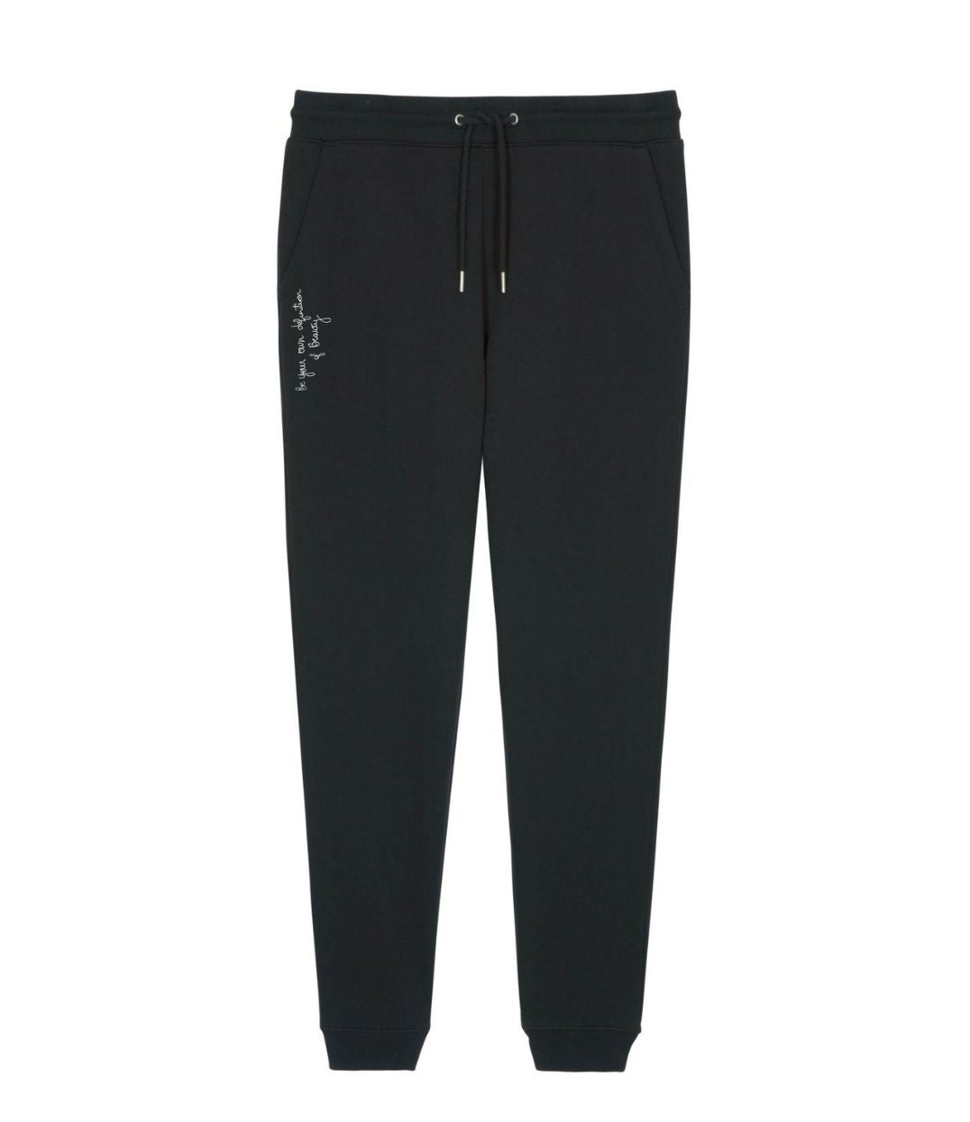 Mock-up d'un jogging pour femme en coton bio noir, imprimé blanc de l'inscription "be your own definition of beauty" à l'avant sur le côté. Modèle Sekhmet, conçu et imprimé à Lyon par la marque éthique Leonor Roversi