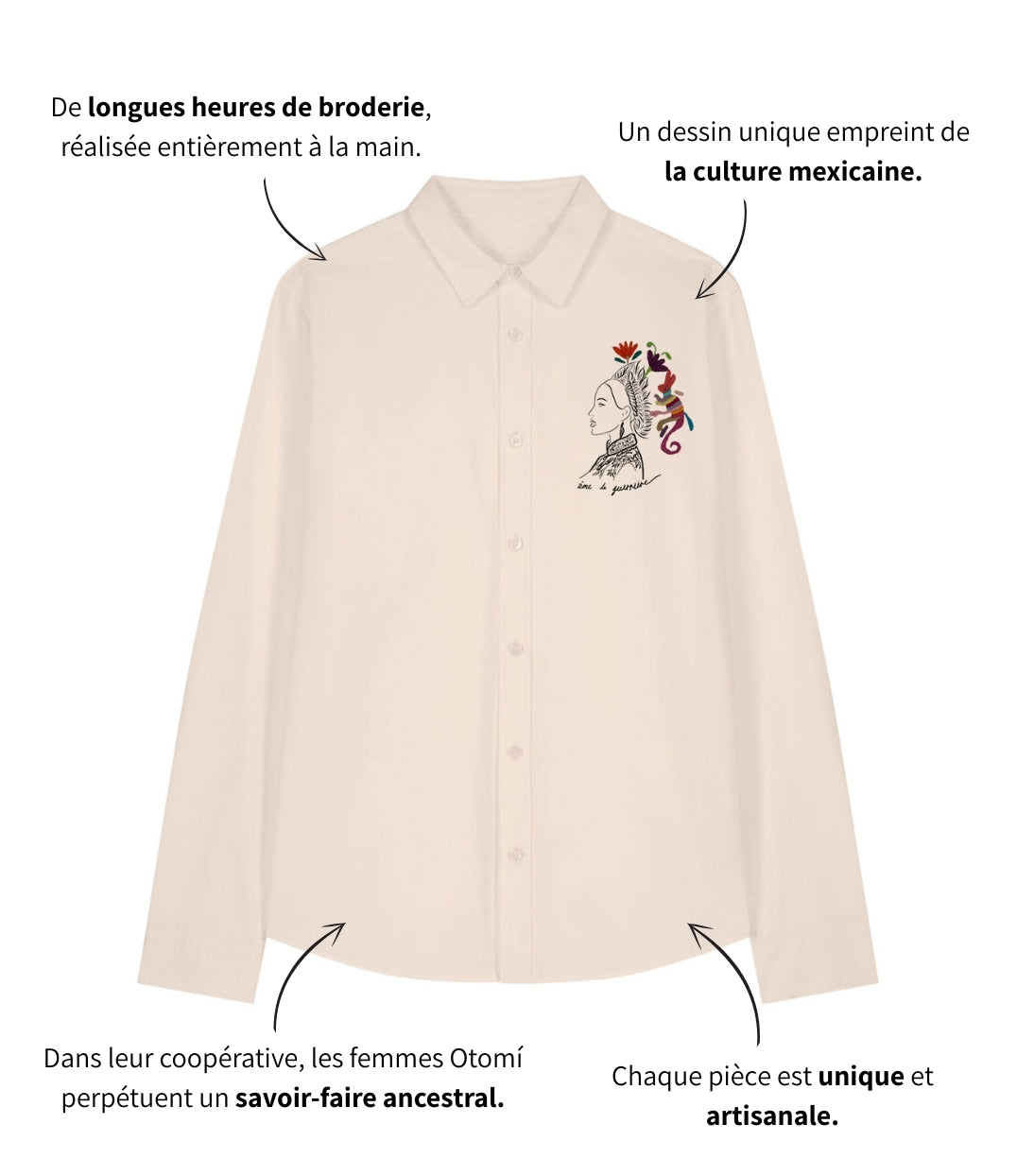 Mock-up d'une chemise ample en coton bio écru. Le vêtement présente un imprimé noir représentant une guerrière et une divinité japonaise, accompagnée de l’inscription « âme d'une guerrière »; ainsi qu'une broderie de fleurs. Modèle Benten, conçu et imprimé à Lyon par la marque éthique Leonor Roversi.