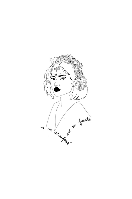 Illustration représentant une femme forte inspirée d’une reine d’Amérique latine, accompagné de l’inscription “No me disculparé por ser fuerte”. Modèle Lupita, conçu à Lyon par la marque éthique Leonor Roversi.