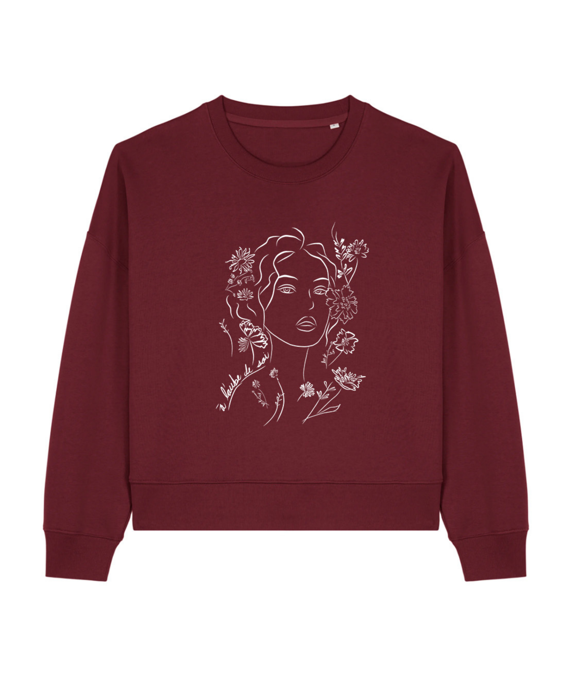 Sweat-shirt bordeaux à manches longues, avec une illustration blanche minimaliste représentant le visage d’une femme entourée de fleurs dessinées en ligne continue. Le motif est centré sur la poitrin