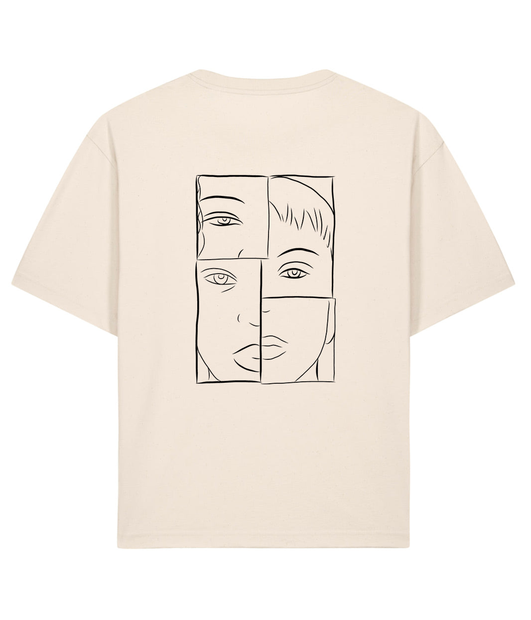 Muck-up t-shirt écru Sublime Chao, unisexe oversize en coton bio. Le vêtement présente un imprimé blanc au dos, représentant un visage fragmenté en lignes minimalistes, symbole de l’imperfection et de la pluralité des identités. Sérigraphie artisanale et éthique réalisée à Lyon par la marque lyonnaise Leonor Roversi, dans l’esprit de la philosophie japonaise Wabi Sabi.