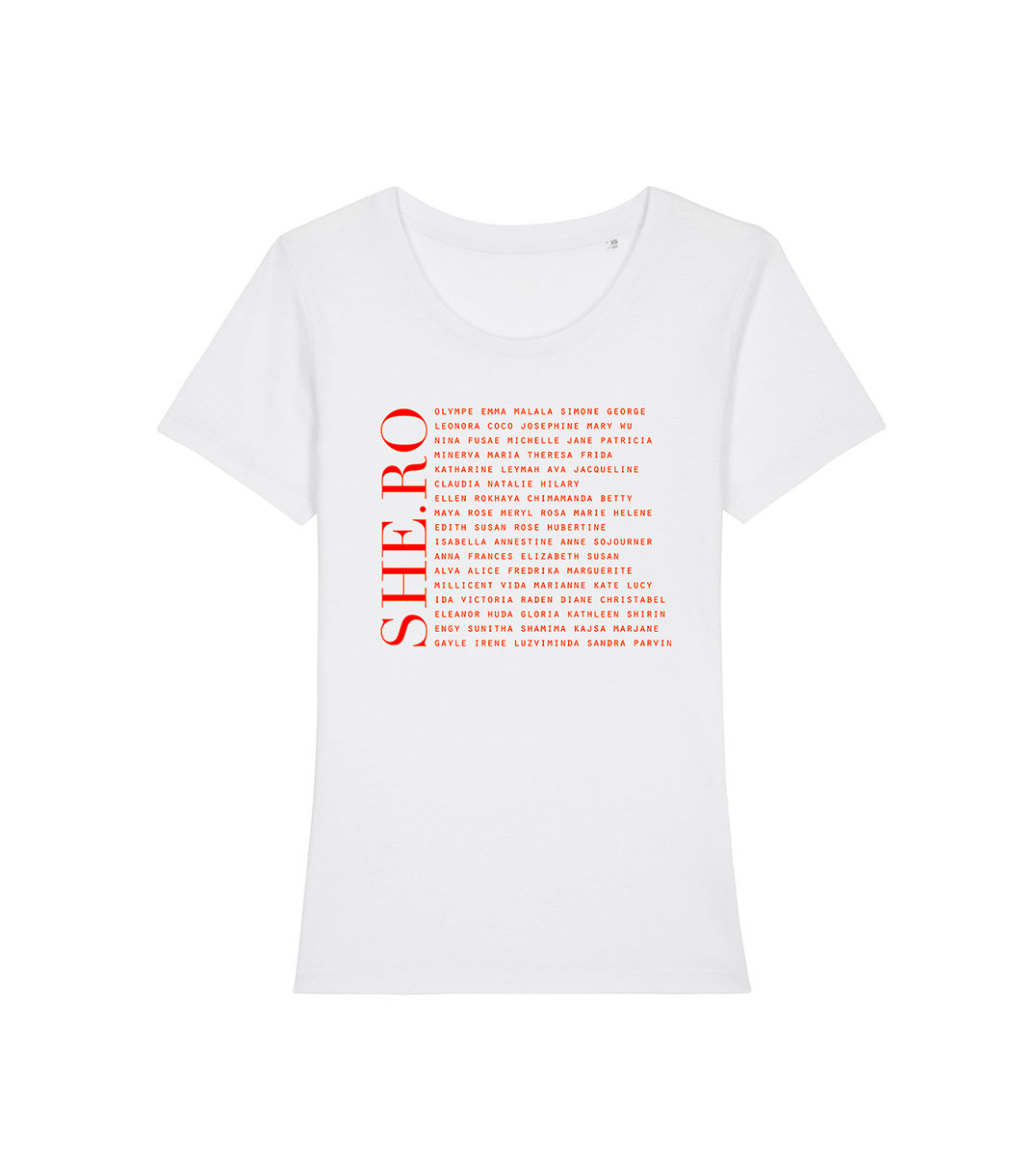mockup d'un T-shirt Coton Bio blanc, inscription rouge en coton bio, on trouve dessous le prénom de femme qui ont marqués l'histoire