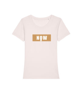 T-shirt NOW en coton bio couleur blanc casé avec l’impression cuivré, Leonor Roversi