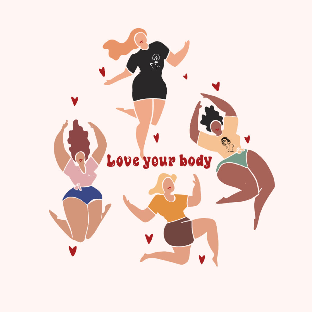 Illustration de femmes qui sautent avec citation Love your body
