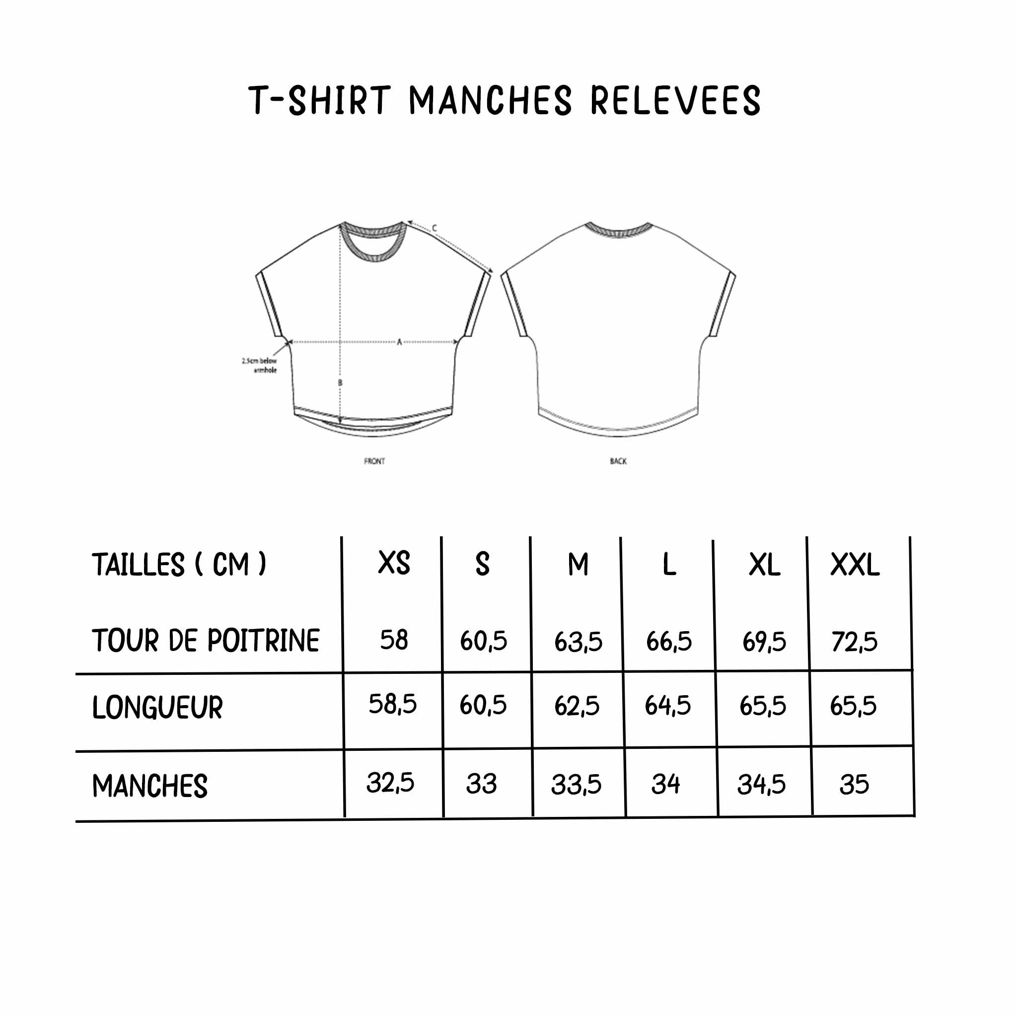 Guide des tailles t-shirt manches relevées de la collection TAKA