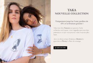 Deux femmes portant un t-shirt blanc de la nouvelle collection taka de la marque lyonnaise Leonor Roversi marque féministe éthique et éco-responsable