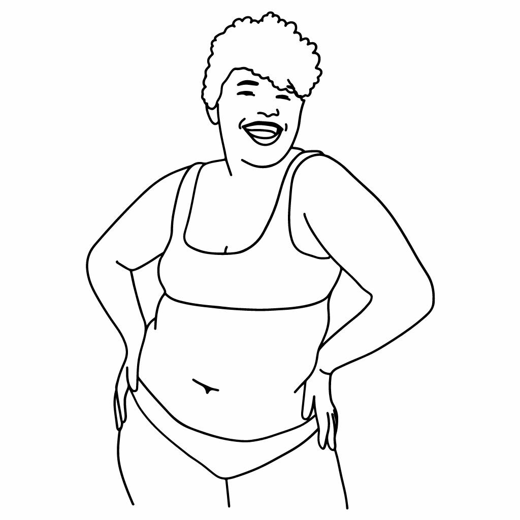 Image qui illustre une femme qui sourit et qui assume son corps.