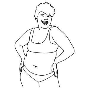 Image qui illustre une femme qui sourit et qui assume son corps.